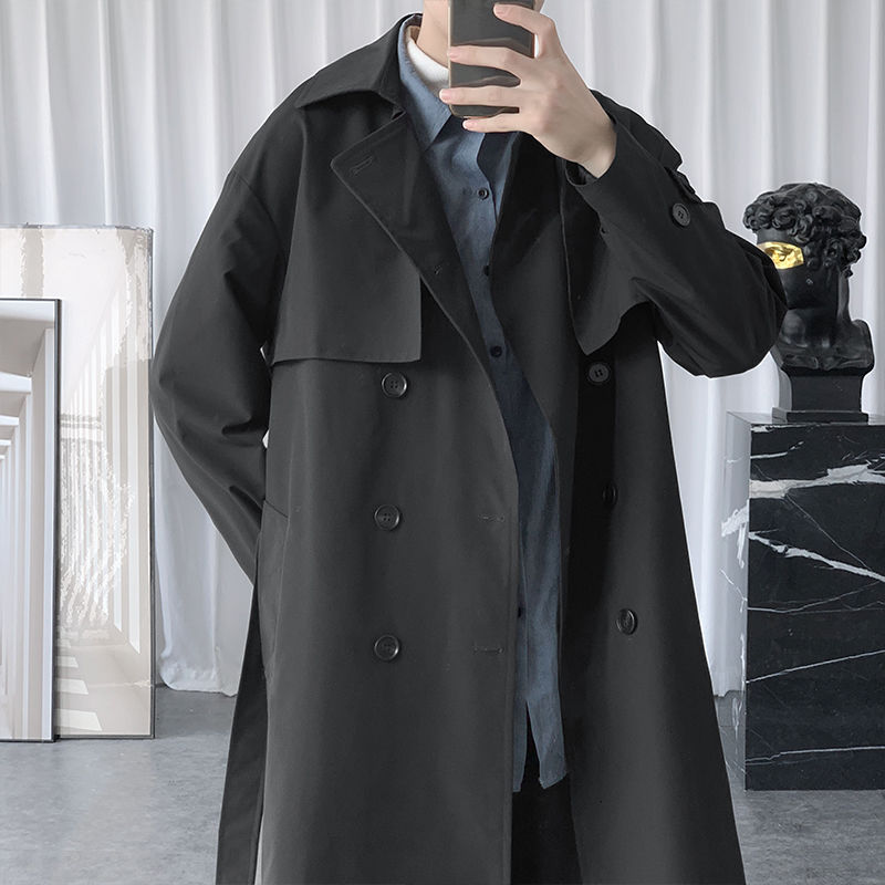 Gabardina de estilo coreano para hombre, abrigo largo informal de Color sólido, chaqueta cortavientos holgado, para otoño: Black / XXL