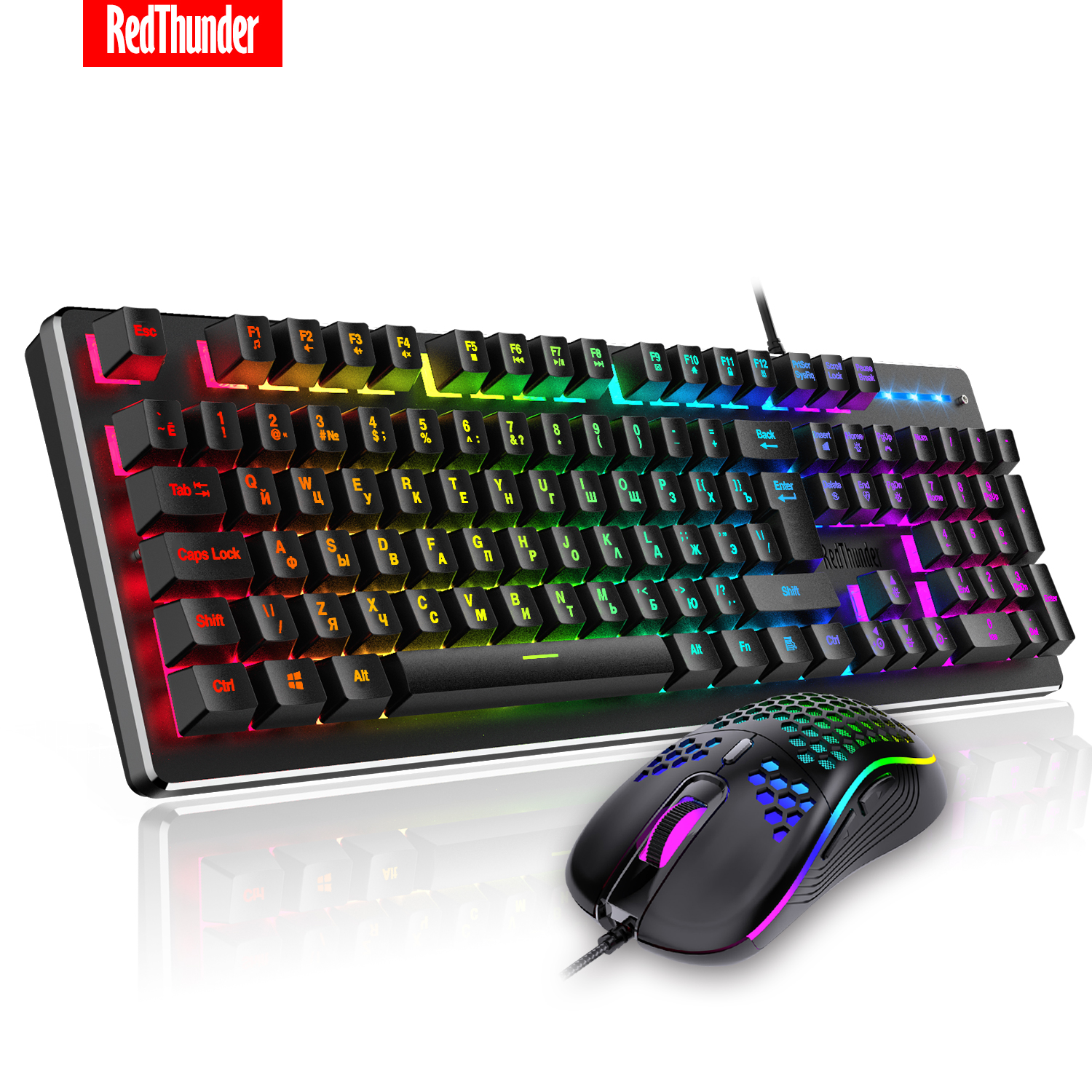 RedThunder K800 RGB Gaming Keyboard and Mouse, Sim-Mechanical Metal Cover, 6400DPI 7 Programmable Button for PC RU ES FR
