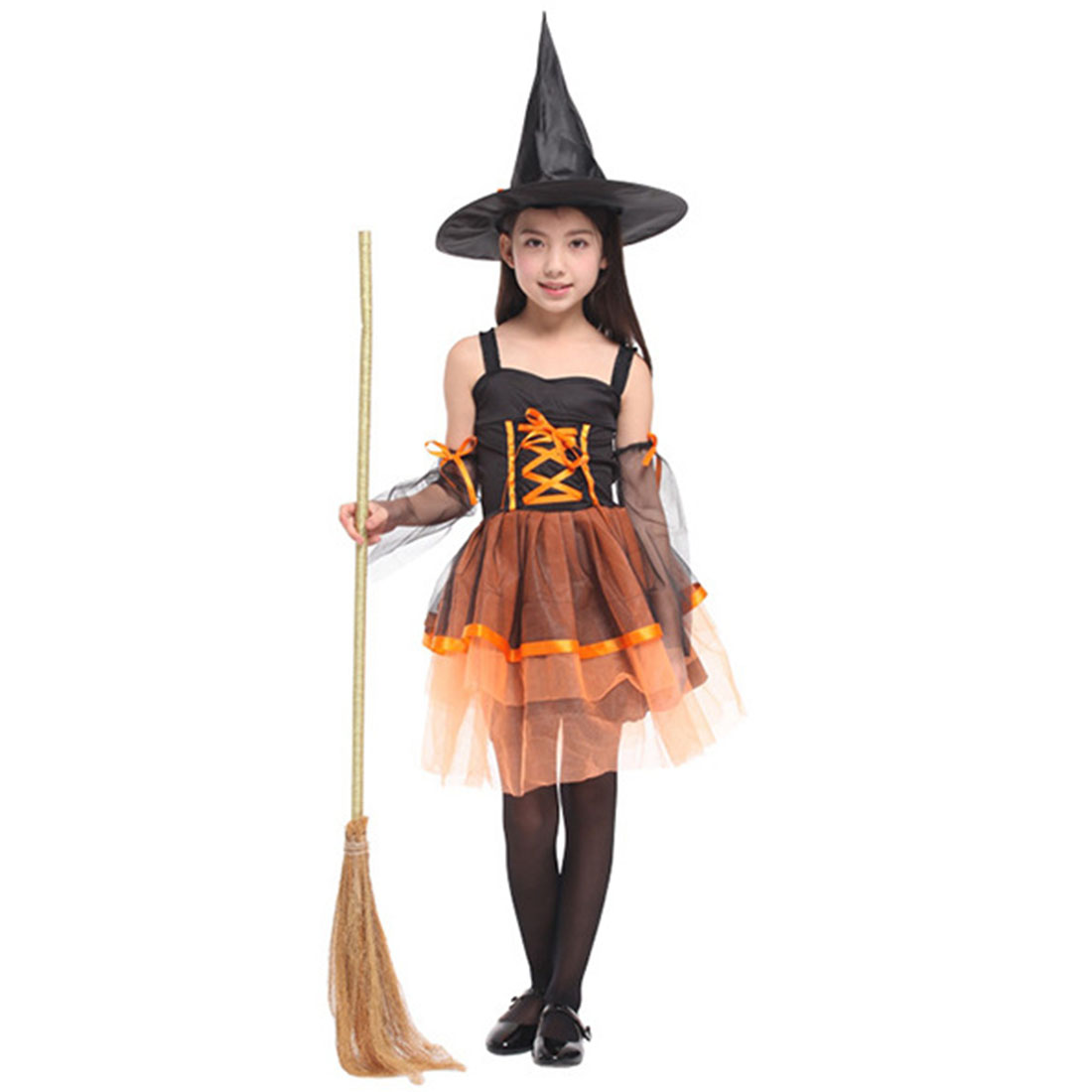 Children Kid's Party Halloween Witch Costume Cosplay Role Play One-piece Dress Cartoon Hats Set without Broom- Orange + Black L