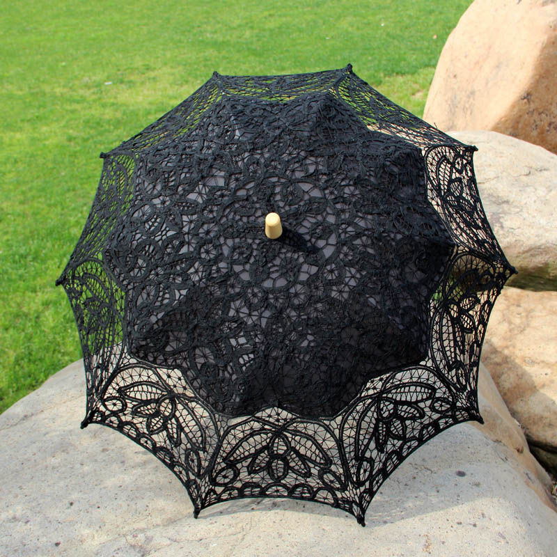 Viktorianischen Stickerei Blume Battenburg Spitze Sonnenschirm Mit Spitze Dekoration Party Braut Dusche Foto Stütze Braut Regenschirm: A0104 Schwarz