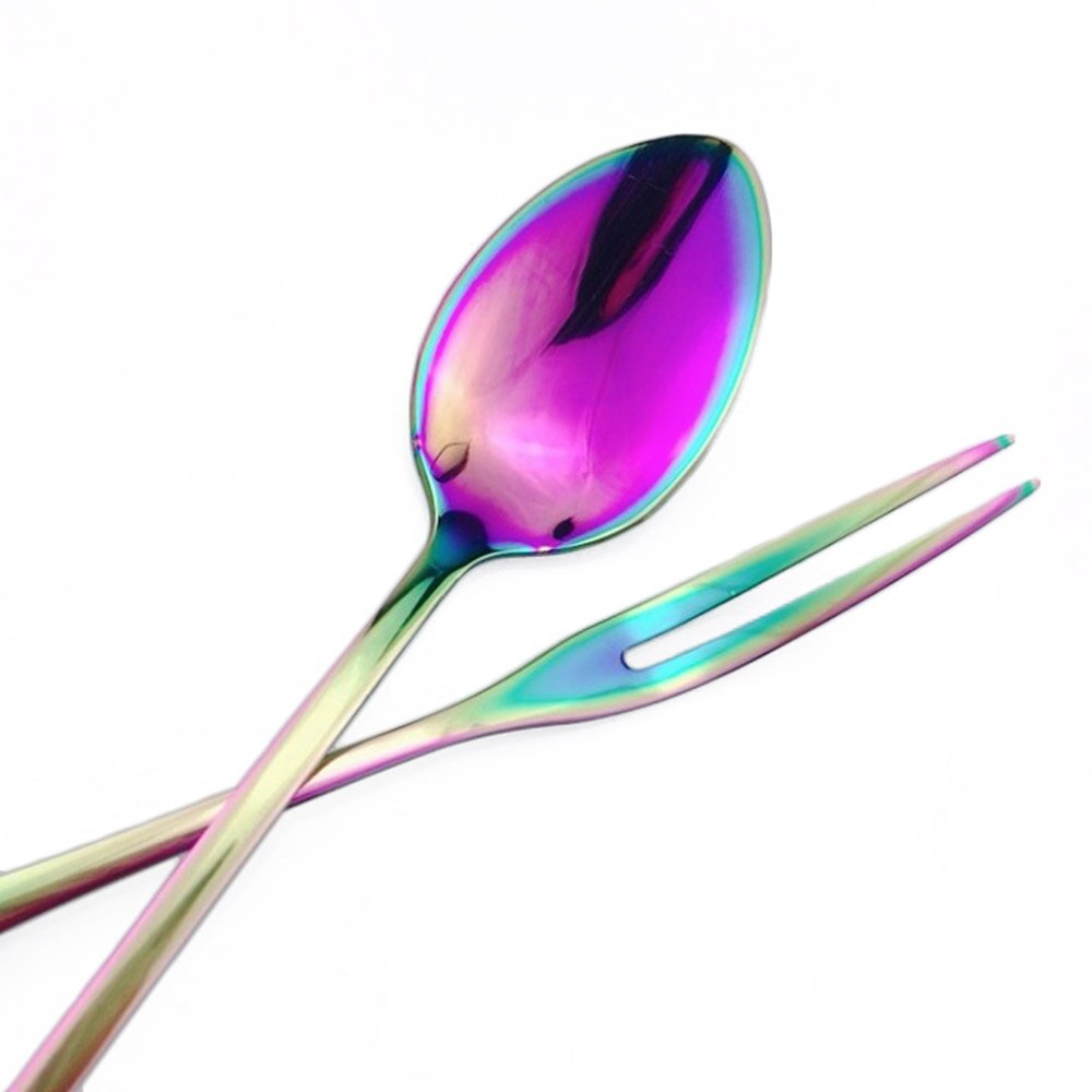 Iridescen Rainbow Flatware Set Stainless Steel Cutlery of Sets Fruit Salad Forks Long Coffee Spoon Dinnerware Set Service for 1