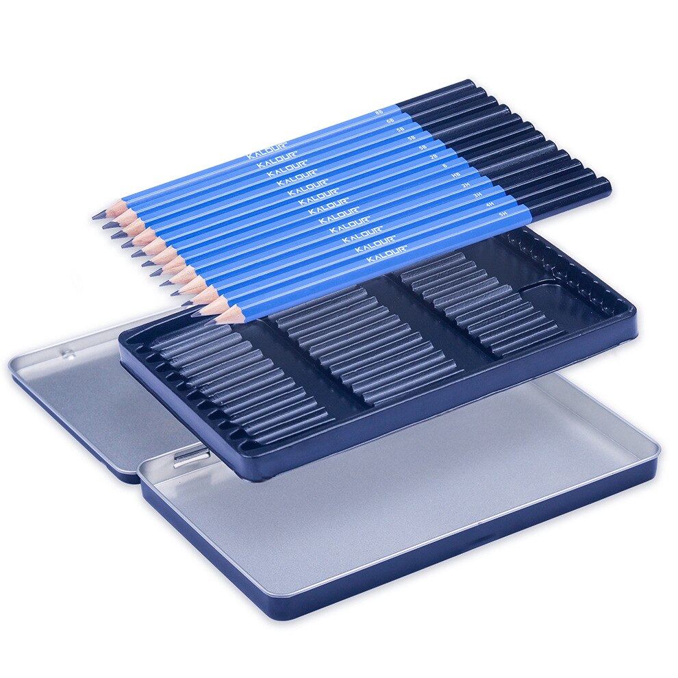 Sketching Graphite Pencils with 12 Different Hardness for Beginner and Artist with Iron Box Student