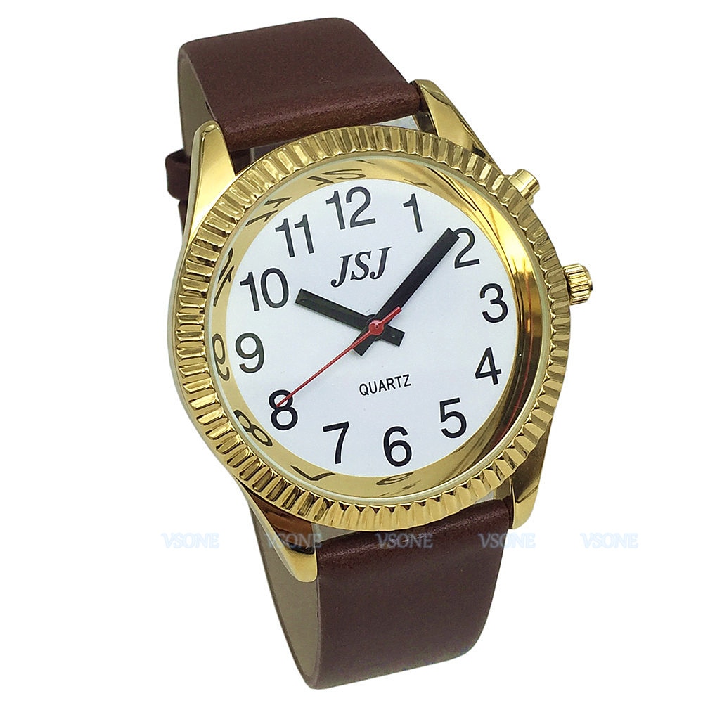 Spaans Praten Horloge Met Alarm Functie, Witte Wijzerplaat, Bruine Lederen Band, Golden Case B4-G206W-TS