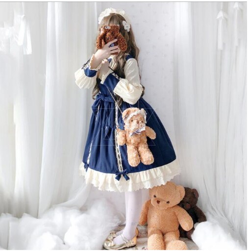 Vintage Palace robe victorienne bleu doux Kawaii Lolita robe à manches longues nœud papillon princesse gothique Lolita Op Loli Cos bandeau