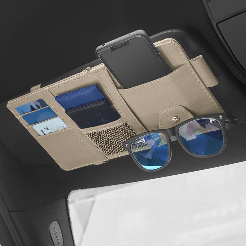 Car Sun Visor Organizer Auto Pocket Organizer Car Truck SUV Storage Pouch Glasses Bill Pen Card Holder Multi-Pocket Net Zipper: Beige -1 Zipper