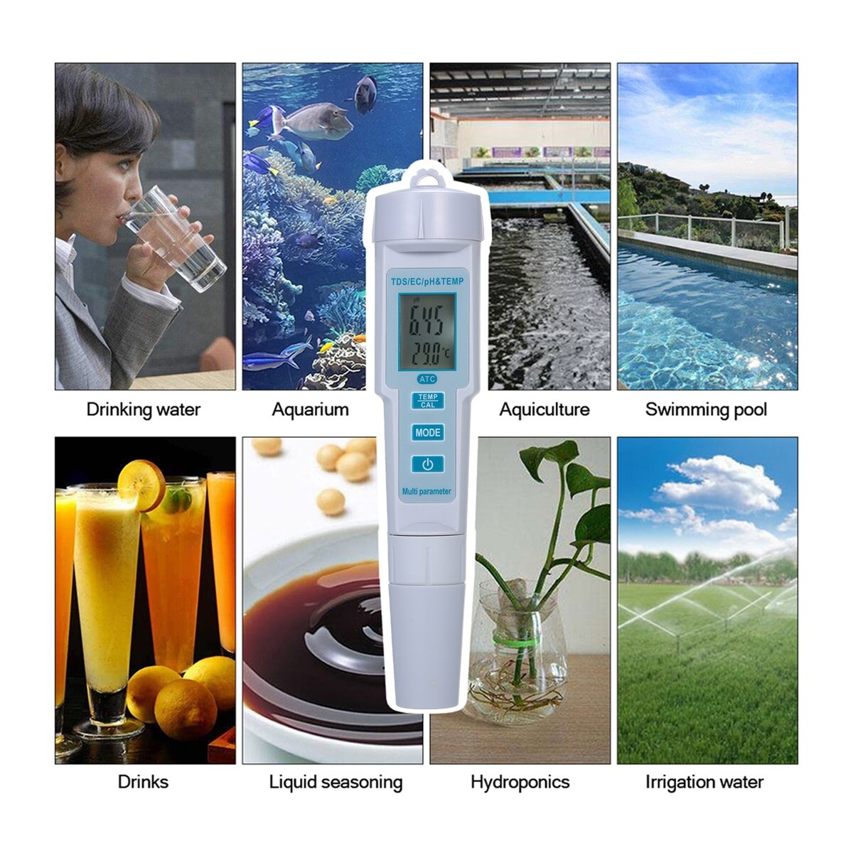 4 in 1 Water Tester pH/EC/TDS/Temperature Meter IP55 Waterproof Automatic Shutdown Backlight Display Tester White PH-686