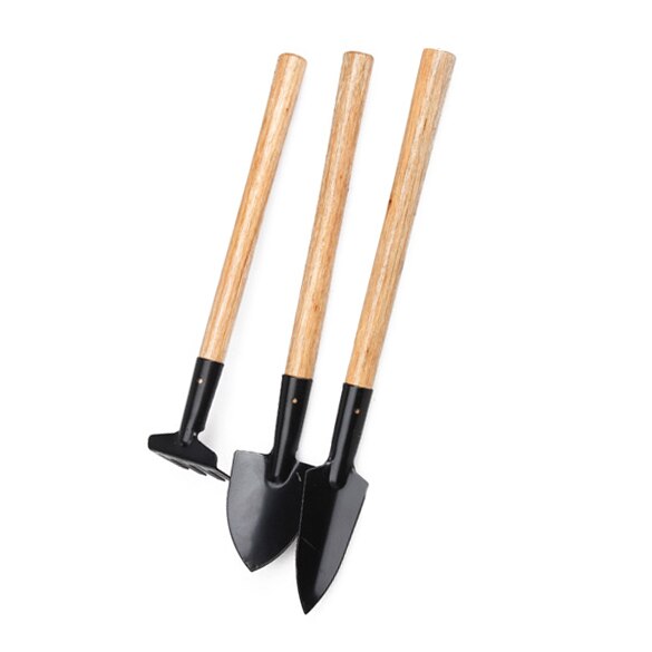 Juego de rastrillos de 3 uds, juego de herramientas de jardín para bonsái, pala de cabeza de Metal con mango de madera para niños, plantas en macetas de flores de jardín