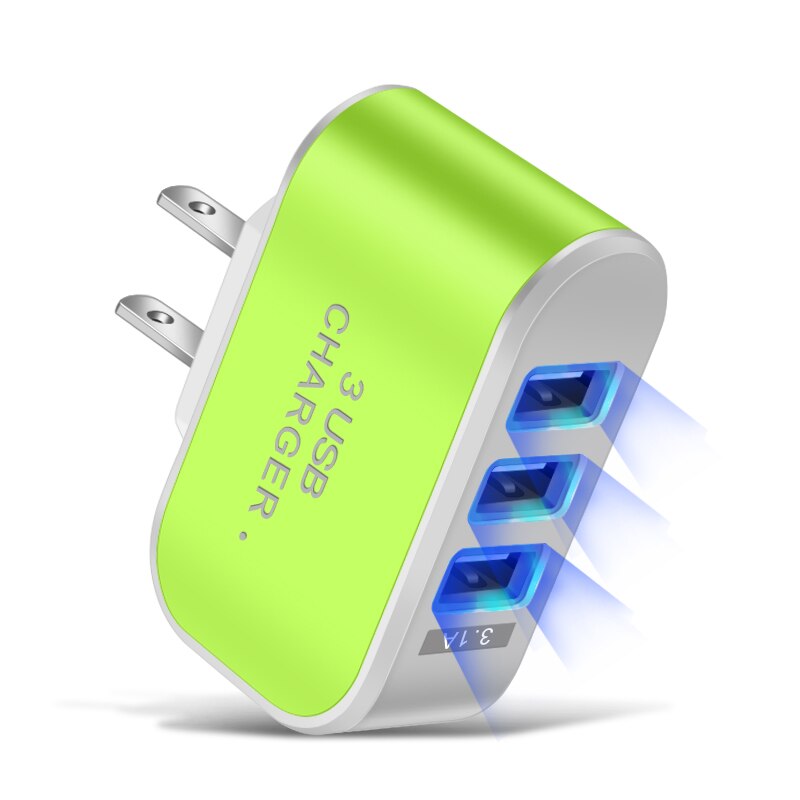Candy Color 5V 1A US EU Plug 3usb 3 Ports USB Wall Home Charger Adapter For IPhone Samsung OPPO Charging Adapter With Indicator: US Green