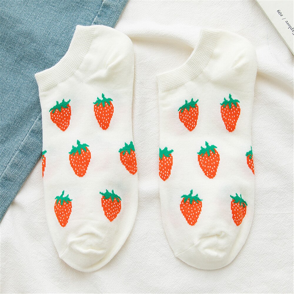 Girls summer funny cute cartoon happy fruit socks avocado strawberry watermelon banana lemon peach sokken: White Strawberry