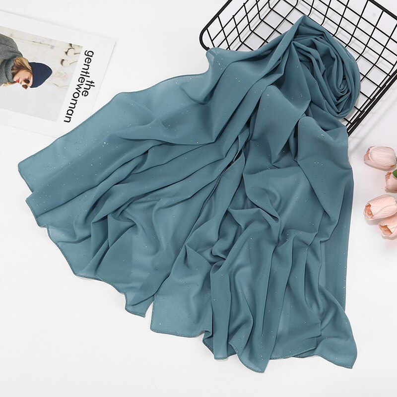Ensfarvet forår sommer glitter chiffon tørklæde til kvinder shimmer sjal muslimsk hoved hår hijab tørklæder bufanda mujer: Farve 9