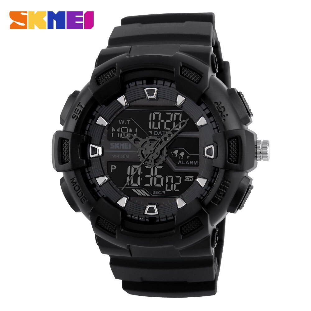 SKMEI 1189 Men Sport Digital Wristwatches Chronograph Alarm Clock Outdoor Full Black Dual Time Display Watches: Black