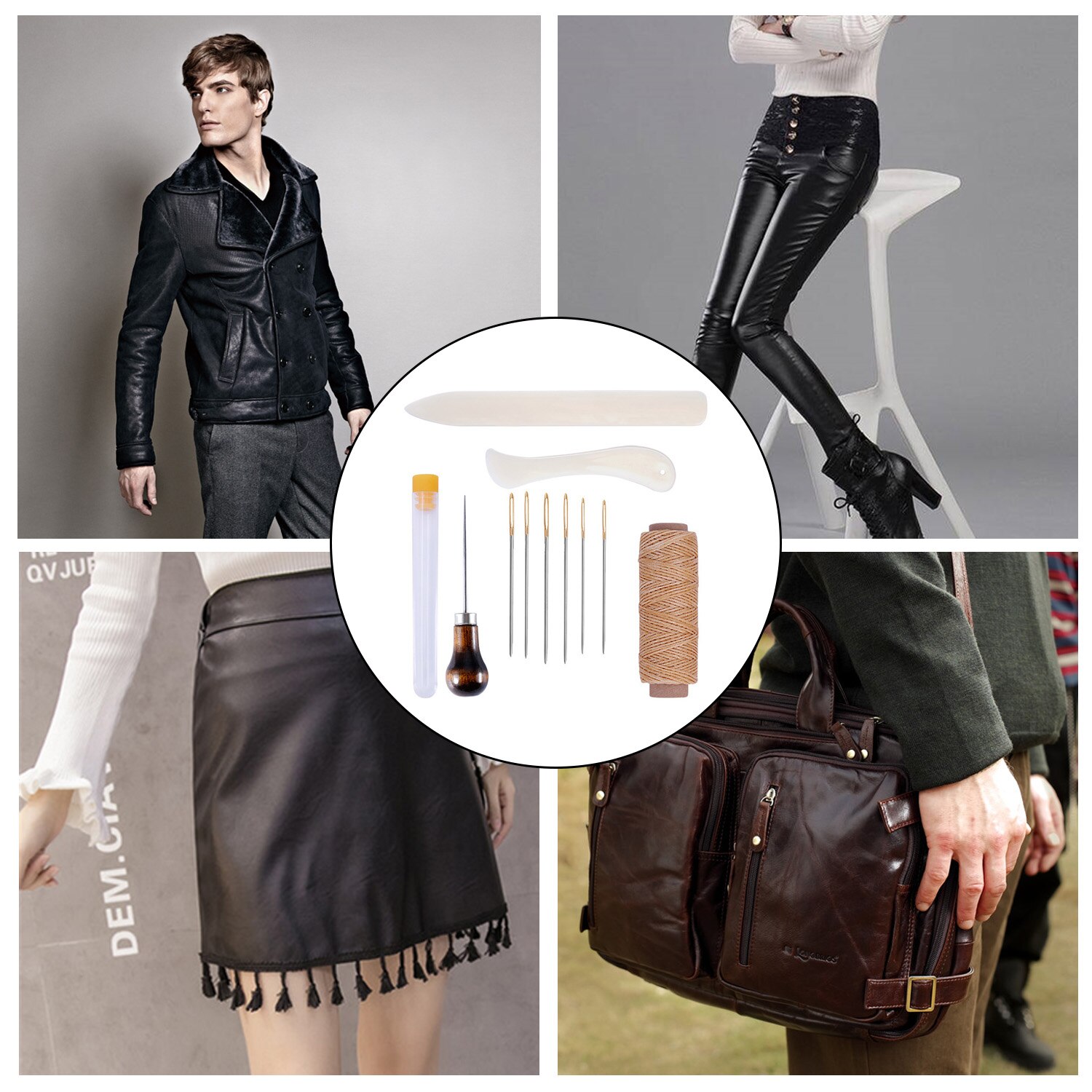 11pcs Bookbinding Leather Stitching Tools Set with Bone Folder Creaser Needles Awl Waxed Thread for DIY Handmade Craft Supplies