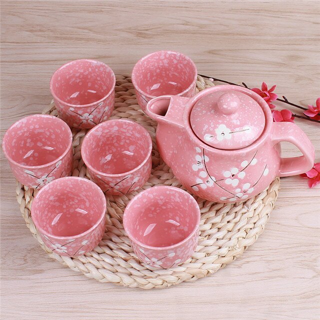 Japanese Cherry Blossom Teapots Set 1 Pot 6 Cups Ceramic Drinkware Tea Pot Home Office Tea Set Kettle: 1 Pot 6 Cups 0