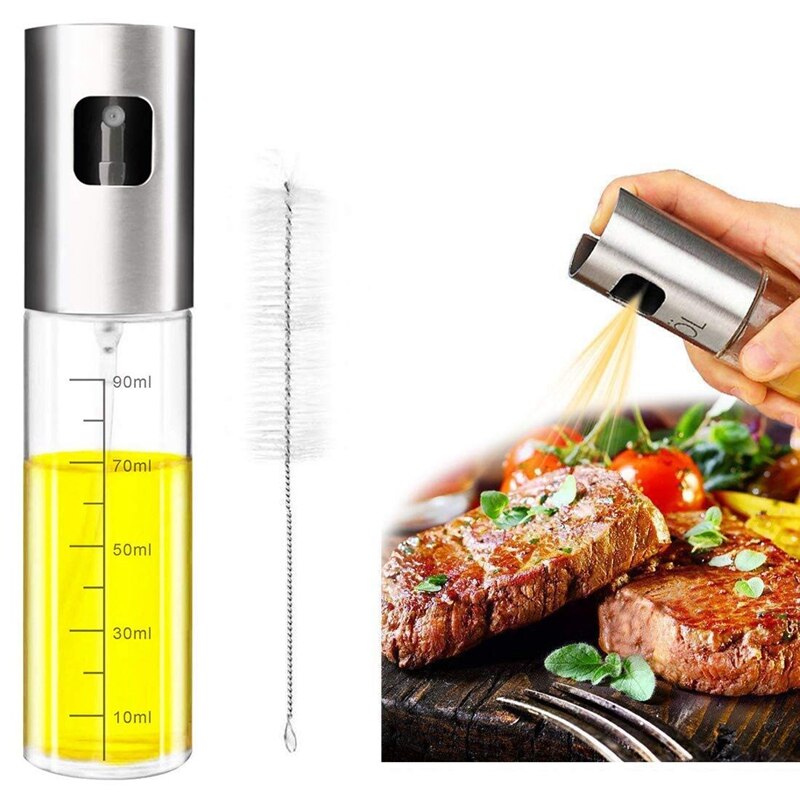 Oljesprøyte, eddikssprøyte i rustfritt stål, sprøyte med bærbar børste, grille olivenolje glassflaske 100 ml til kjøkken, matlaging