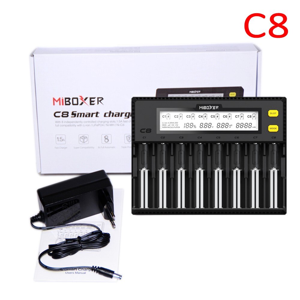 Miboxer c8 Intelligent Charger 8 Slots Total 4A Output Smart Charger for IMR18650 16340 10440 AA AAA 14500 26650 and USB Device: US