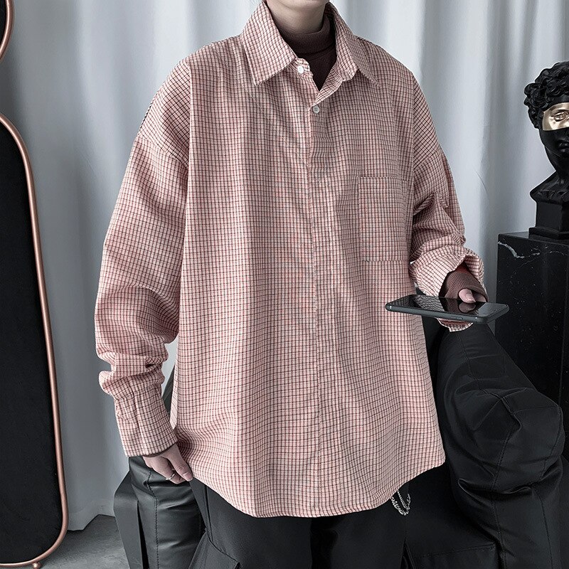 Camisas a cuadros informales de talla grande para hombre, ropa de Coreana de otoño con retazos, camisa rosa de manga larga para hombre, blusa para hombre: Rosa / L