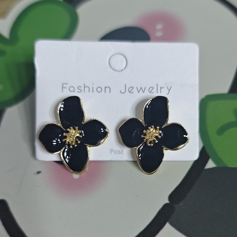 Hibiscus Dropped Glaze Flower Stud Earrings for Women Girl French Vintage Korean Wedding Romantic Jewelry: Champagne gold