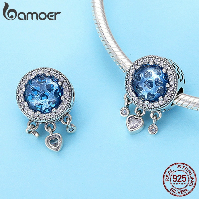 BAMOER 3 Color Authentic 925 Sterling Silver Heart Radiant Crystal Dangle Heart Charms Fit Charm Bracelets Silver Jewelry SCC999