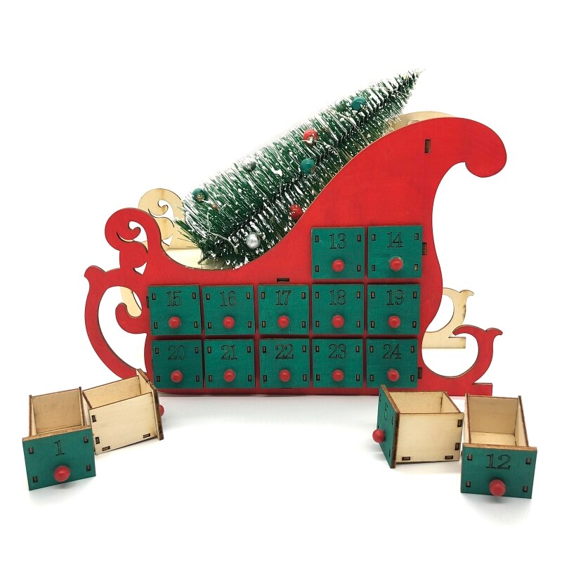 Christmas Sleigh Tree Wooden Advent Calendar Countdown LED Party Decor 24 Drawer