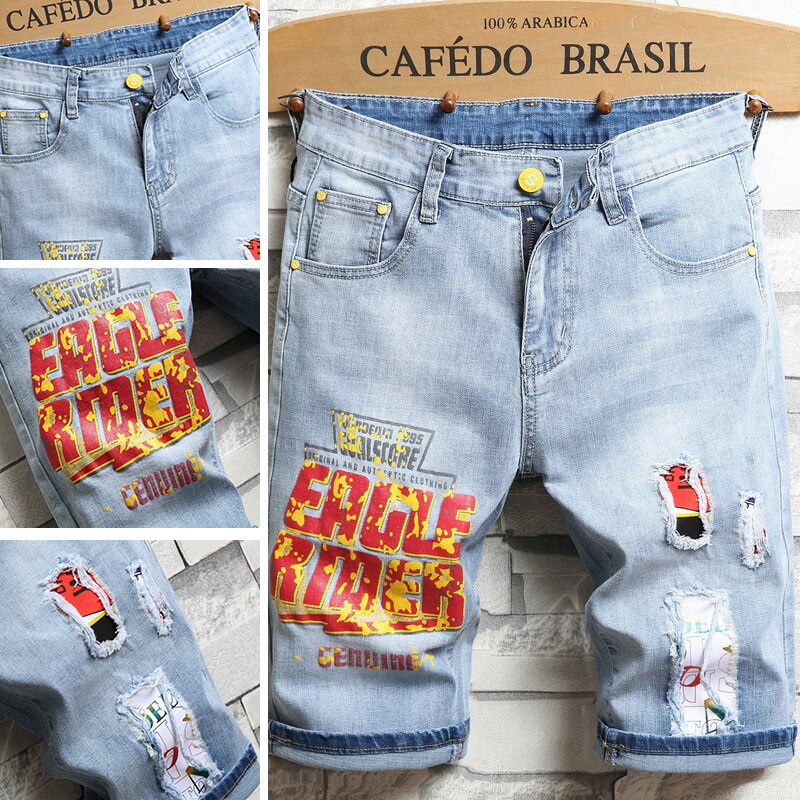 Summer men denim short jeans trend five-point pant middle pants hole hip hop plus size jeans short