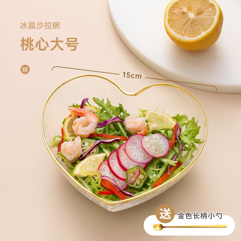 Bord doré coeur pêche ménage saladier bol en verre assiette transparent dessert fruits style japonais salade vaisselle: large heart shape