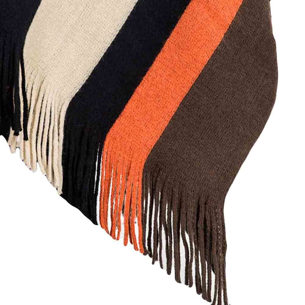40# Tassel Striped Patchwork Sweater Poncho Tops Knitted Women Blanket Splicing Pattern Sweater Poncho Coat Wrap Cozy Shawl Tops