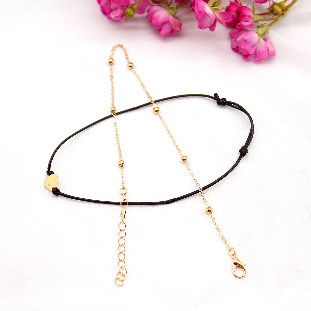 Double Ankle Chain Heart Pendant Black Leather Rope Anklet Foot Jewelry Bracelet on The Leg Anklets: Gold-color