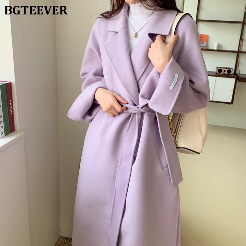 BGTEEVER-abrigos de mezcla larga para mujer, abrigos gruesos de invierno, abrigos cálidos con cordones y cuello con muescas,: purple