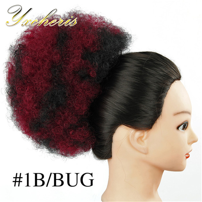 YXCHERISHAIR-moño de pelo sintético Afro rizado degradado, pieza de fibra de alta temperatura, con cordón, extensiones de coleta: T1B / color vino