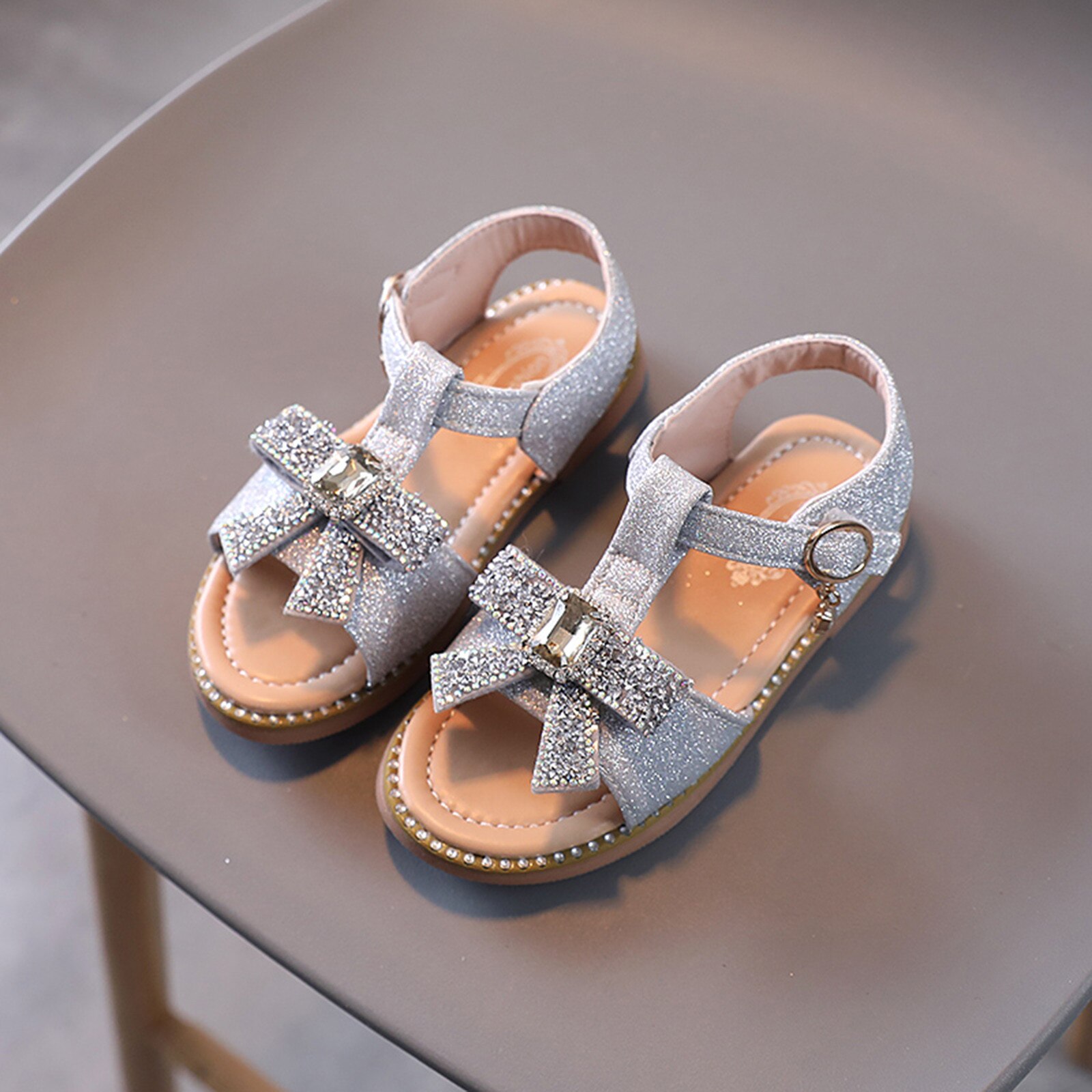 1~7 Years Kids Girls Shoes Bling Sandals Summer Beach Sandal Bowknot Children Crystal Princess Shoes Silver Baby Toddlers Sandal: Silver / 21