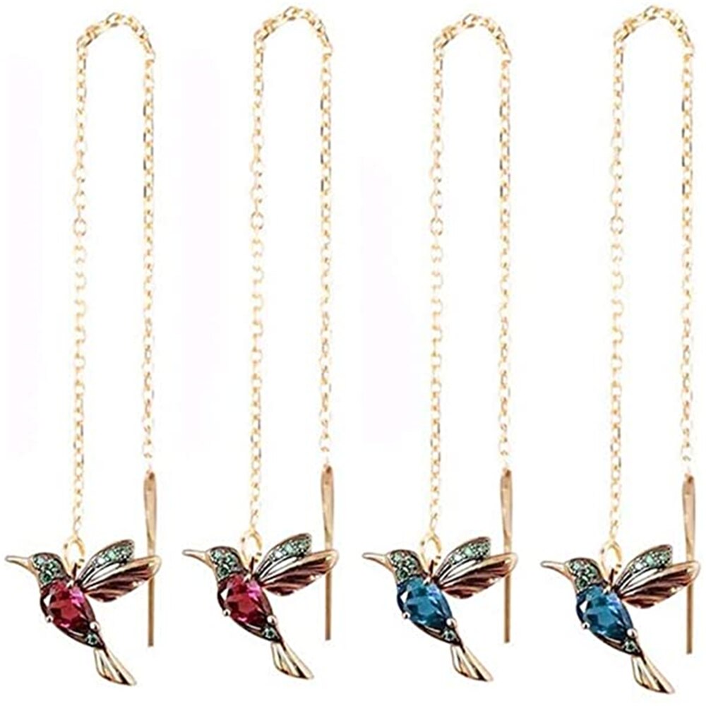 Simulering kolibri stud øreringe threader lang dråbe kvast krystal dingle til kvinder smykker charms: Rød-blå