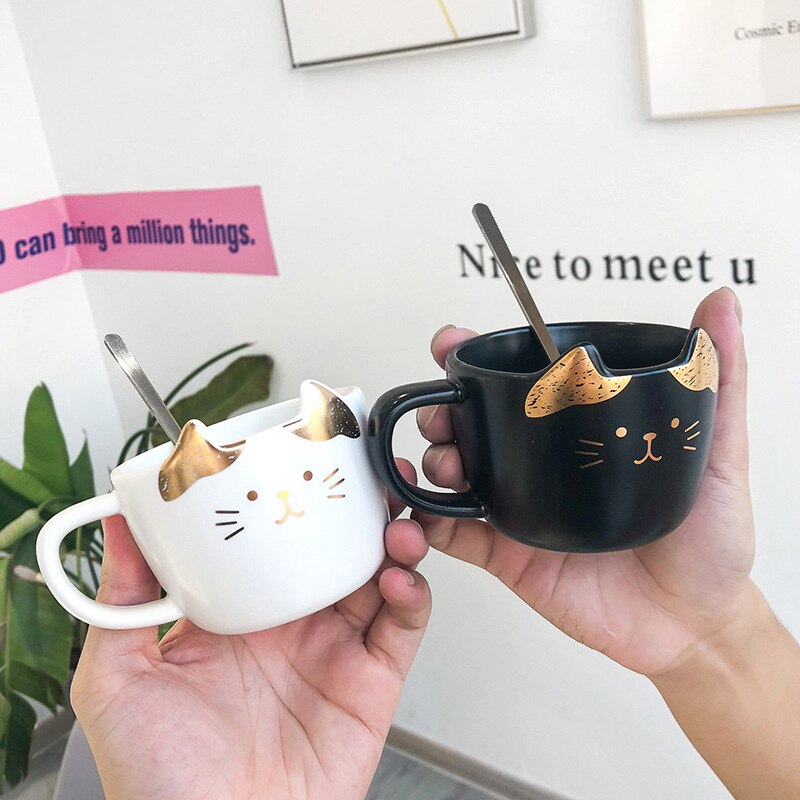 200ML Keramik Kaffee Tasse und Untertasse setzt SchöNe Gold Katze Kekse Kaffee Becher mit Wüsten Platte Büro oder hause