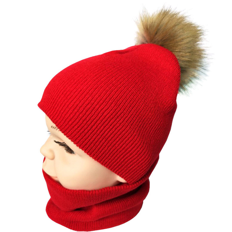 Efterår vinter børn tørklæde hat sæt drenge piger forår varm halstørklæde børn kasket sæt pompon bolde baby hat tørklæde: Rødt sæt med en bold