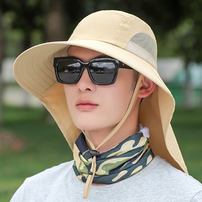 Men Wide Brim Sun Hat With Neck Flap Adjustable Chin Strap Breathable Mesh Side Accessory