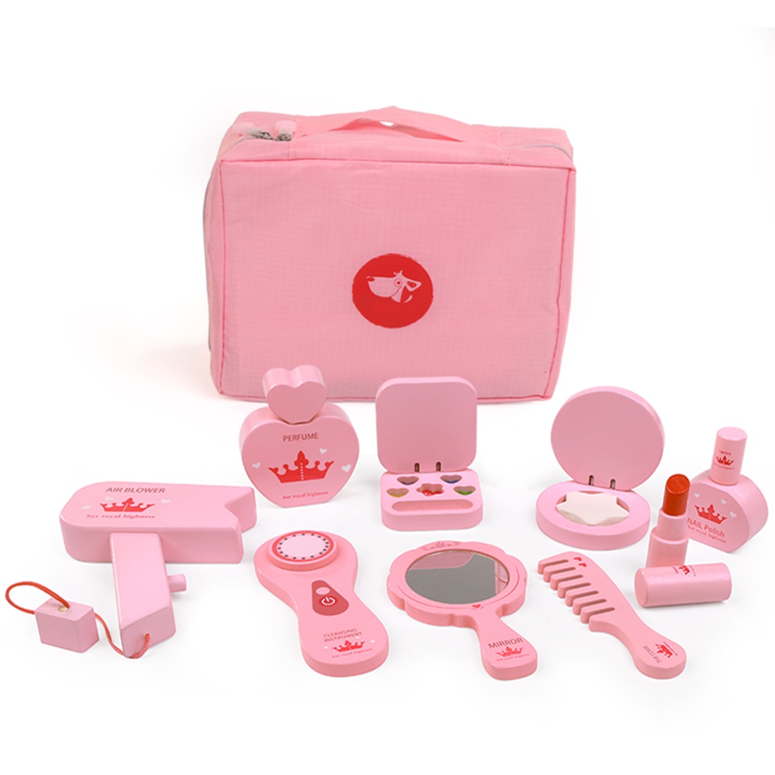 11Pcs/set Children Wooden Make Up Pretend Play Simulation Cosmetic Bag Beauty Toy For Girls - Pink