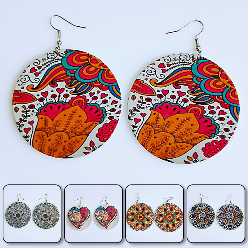 Afrykańskie kolczyki w stylu klasyczny drewniane kolczyki w stylu etnicznym kolczyki w stylu etnicznym tkanina wzór nadrukowany pętle na uszy dla damska biżuteria na prezent