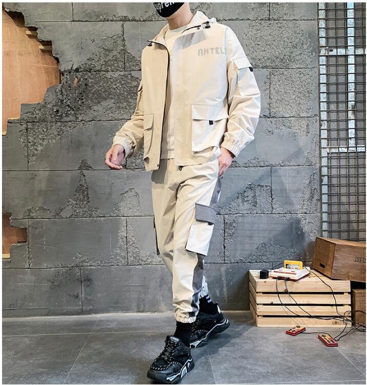 Herfst Mannen Trainingspak Sets Zakken Rits Fitness Casual Pak Mannen Met Lange Mouwen Jas + Broek 2 Stuks Mode Heren Sportkleding suits: Beige / L