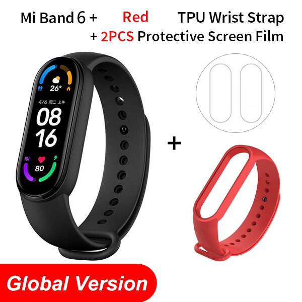 Global Version Xiaomi Mi Band 6 AMOLED Screen Blood Oxygen Fitness Traker Heart Rate 5ATM Waterproof Smart Band 5 Color Bracelet: Global N Red Strap
