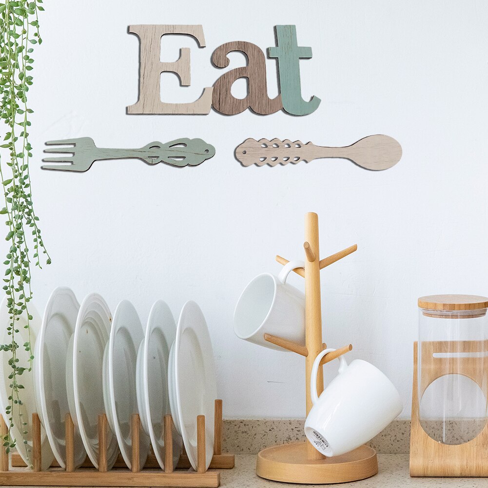 Farmhouse Fork Spoon Eat Sign Set Cafe Bar Rustic Wood Wall Hanging Dining Room