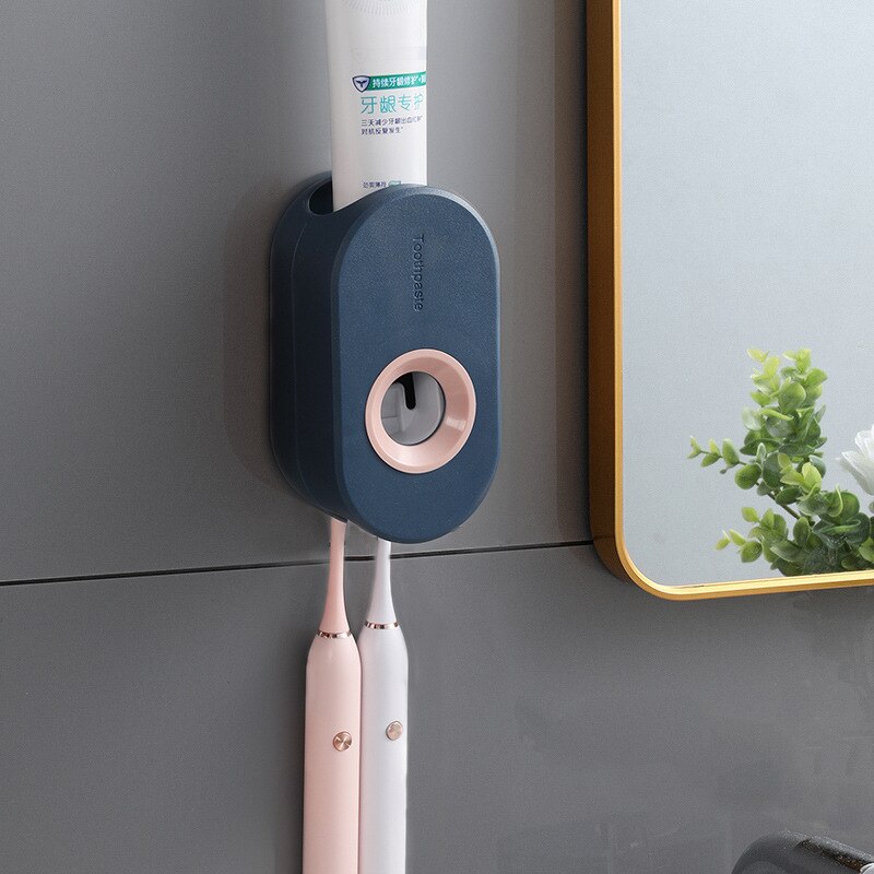 Selvklæbende automatisk tandpasta pressesæt, vægmonteret tandpastaholder, tandbørsteholder, vægopsugning tandpasta pres: Havblåt