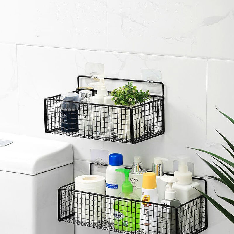 Black Wall-mounted bathroom shelf organizer Shampoo Rack Toilet Accessories Kitchen Free Punch Condiment Storage Basket