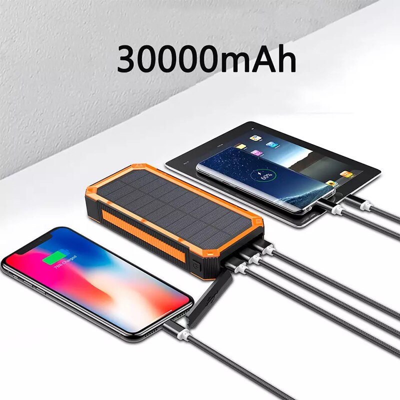 30000mAh Solar Power Bank Fast Qi Charger For Powerbank External Battery Portable Poverbank Flashlight