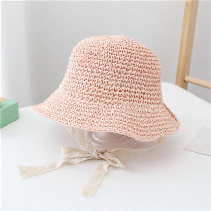 Chapeau en dentelle pour bébé fille, avec nœud de paille, pour la plage, couleur unie, mignon, princesse, en lin, respirant: Pink / 3-6Y(52cm)