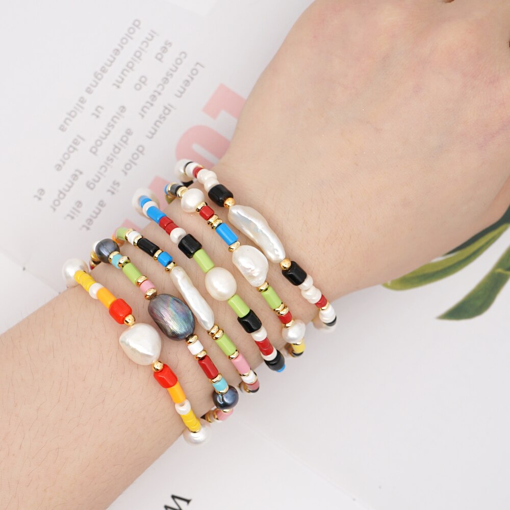 Shinus Bracelet Women Color Enamel Tile Beads Fresh Water Pearl Bracelets Pulseras Mujer Summer Armband Multicolor Chic Jewelry