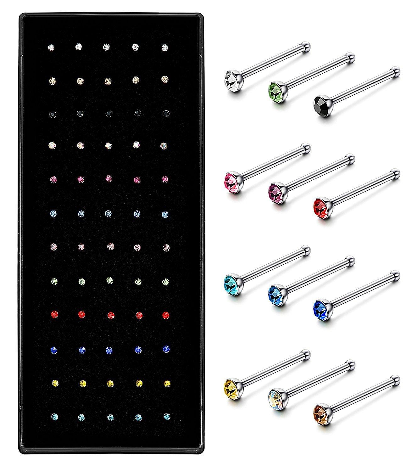 Conjunto de anel com argola de cristal, 1.8mm, de aço inoxidável, piercing de nariz, joias de argola: Straight Mix / 60Piece Set