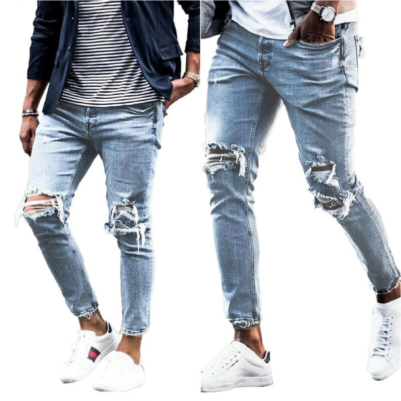 Mens Skinny Slim Fit Ripped Jeans Stretch Biker Distressed Casual Denim Pants