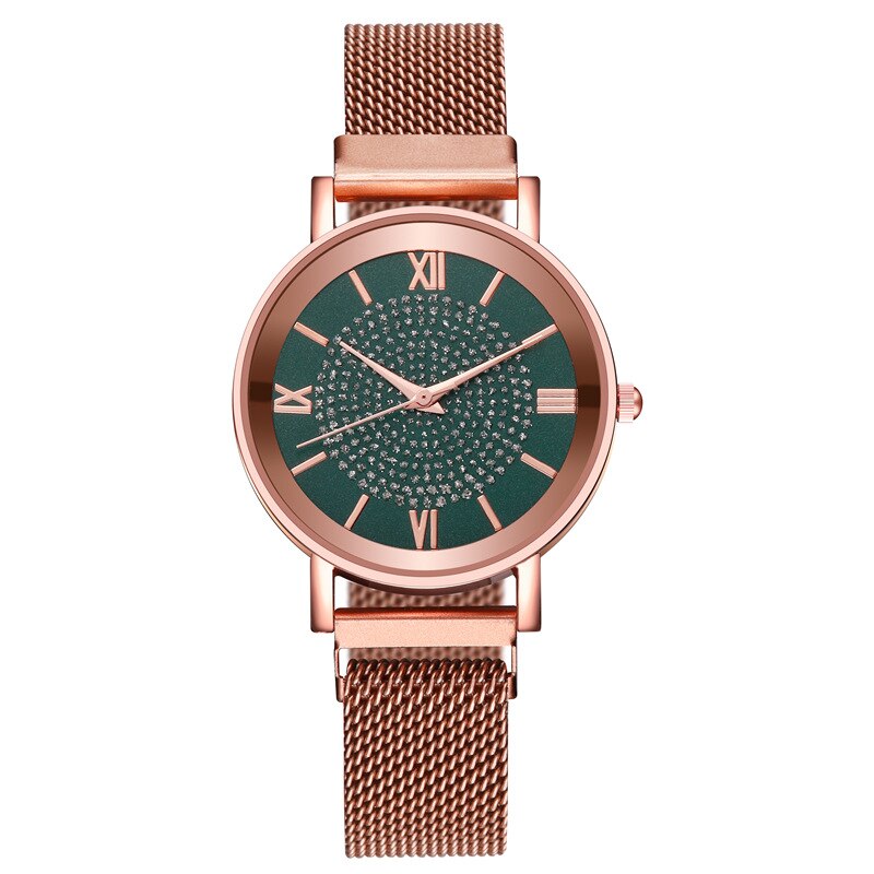 Relojes de de lujo para mujer, elegantes relojes de pulsera de oro para mujer, reloj de pulsera de cuarzo con hebilla magnética de malla inoxidable: green