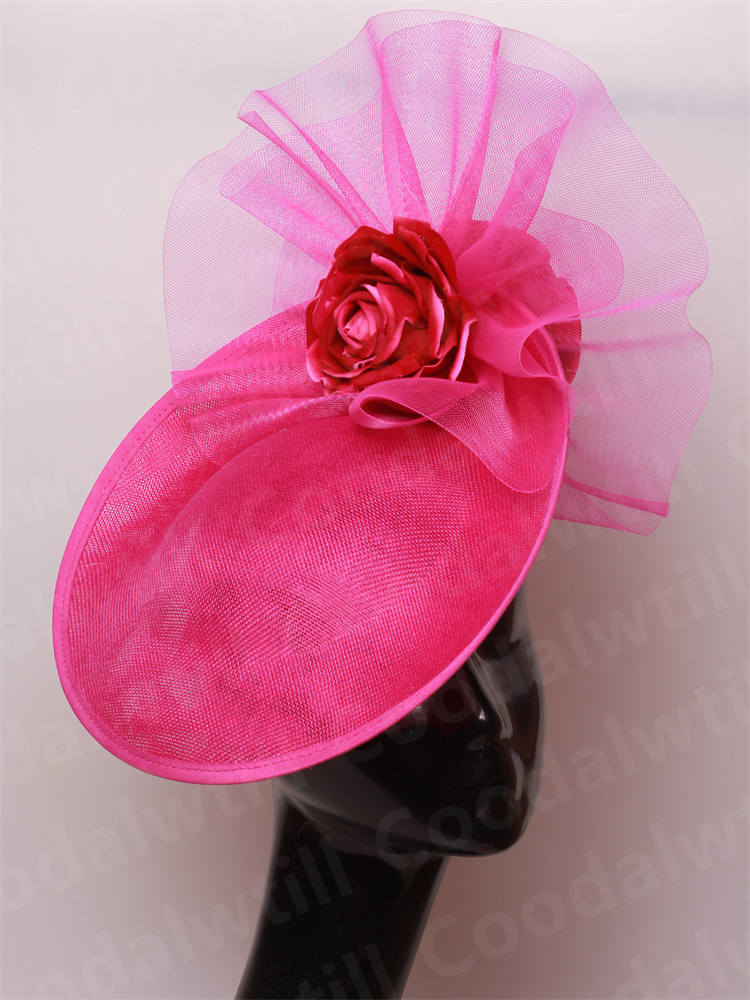 Chique marinha fascinators chapéu para mulheres elegante royal ascot millinery boné noiva casamento cocktail acessórios de cabelo véus headpiece: Vermelho Rosé