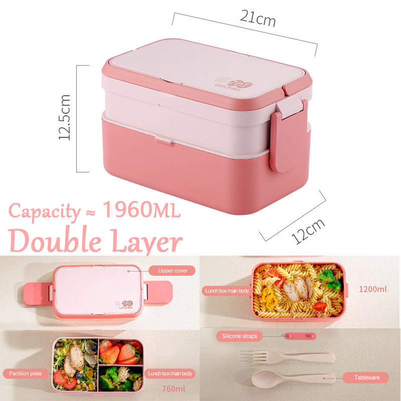 Boîte à lunch portable en fibre de bambou 3 en 1, double couche, bento, micro-ondes, cuillère, fourchette, femme, fille, école, enfant, pique-nique: Argent
