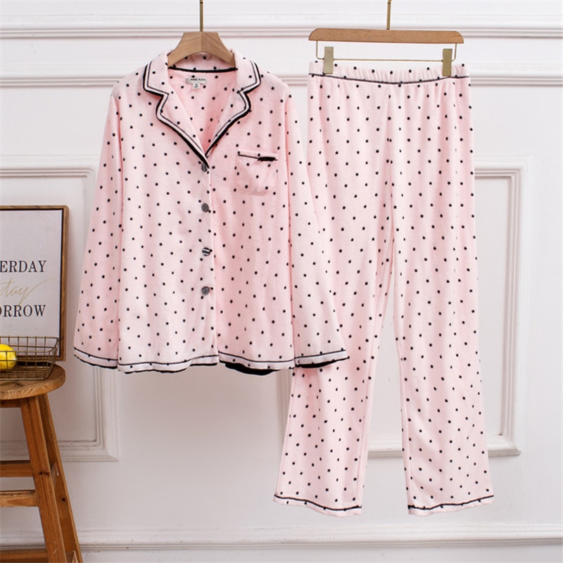 Women's can be worn outside pajamas two-piece small lapel cardigan the cardigan sweet and cute homewear JJF0049